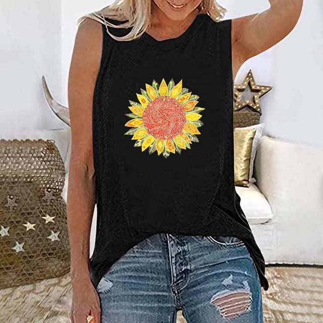 CEHVOM Womens Tank Tops Casual Loose Fit Plus Size Sunflower Printed Tee Shirts