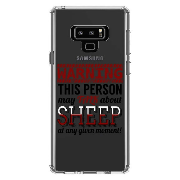 DistinctInk Clear Shockproof Hybrid Case for Samsung Galaxy Note 9 - TPU Bumper Acrylic Back Tempered Glass Screen Protector - WARNING This Person May Talk About Sheep