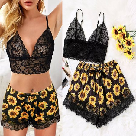 

Knosfe 2 Pack Sleepwear Sunflower Eyelash Bra Shorts Pjs Lace Nightgown Sexy Pajamas Set for Women