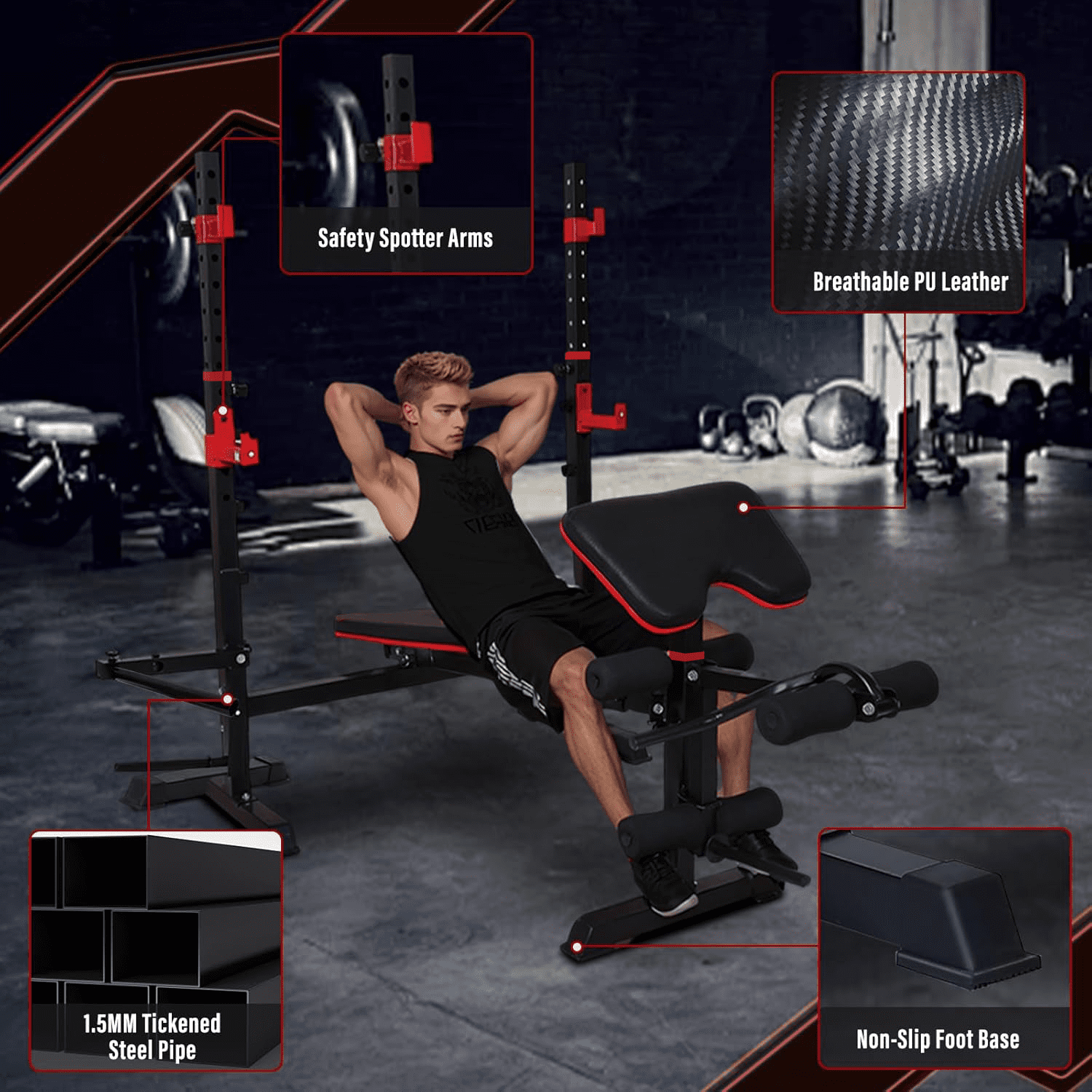 PUATUL 1500LBS 6 IN 1 Olympic Weight Bench Set with Leg Extension/Curl, Bench Press Set with Preacher Curl and Squat Rack for Home Gym Workout