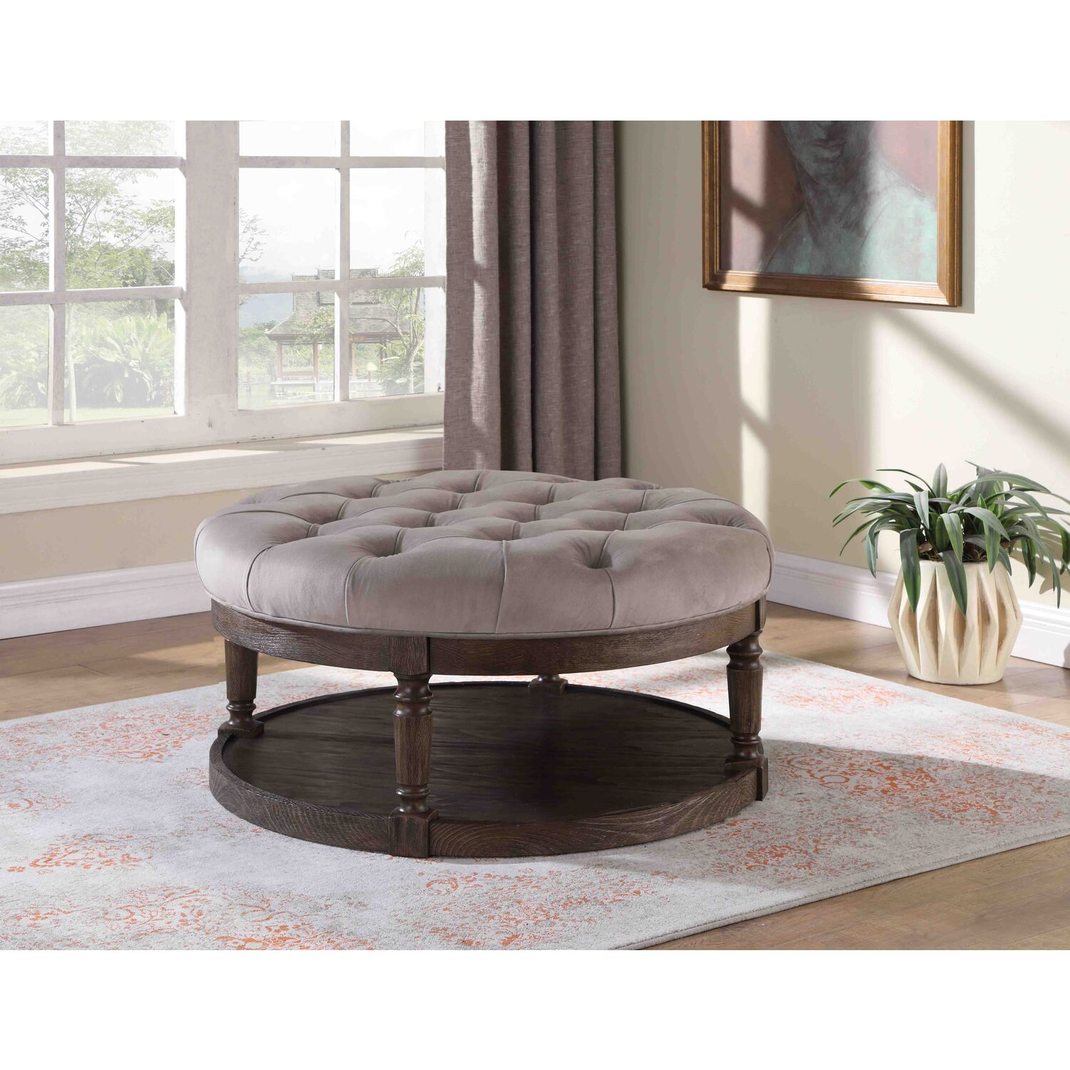 Best Master Linen Fabric Upholstered Round Ottoman in Otter/Smoked Rustic Gray - image 2 of 2