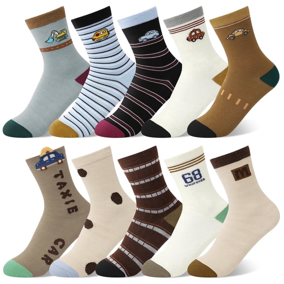 Lorrita 10 Pairs Kids Socks for Boys Funny Cartoon Athletic Boys Socks Colorful Pattern Print Boys Crew Socks 4-7 Years