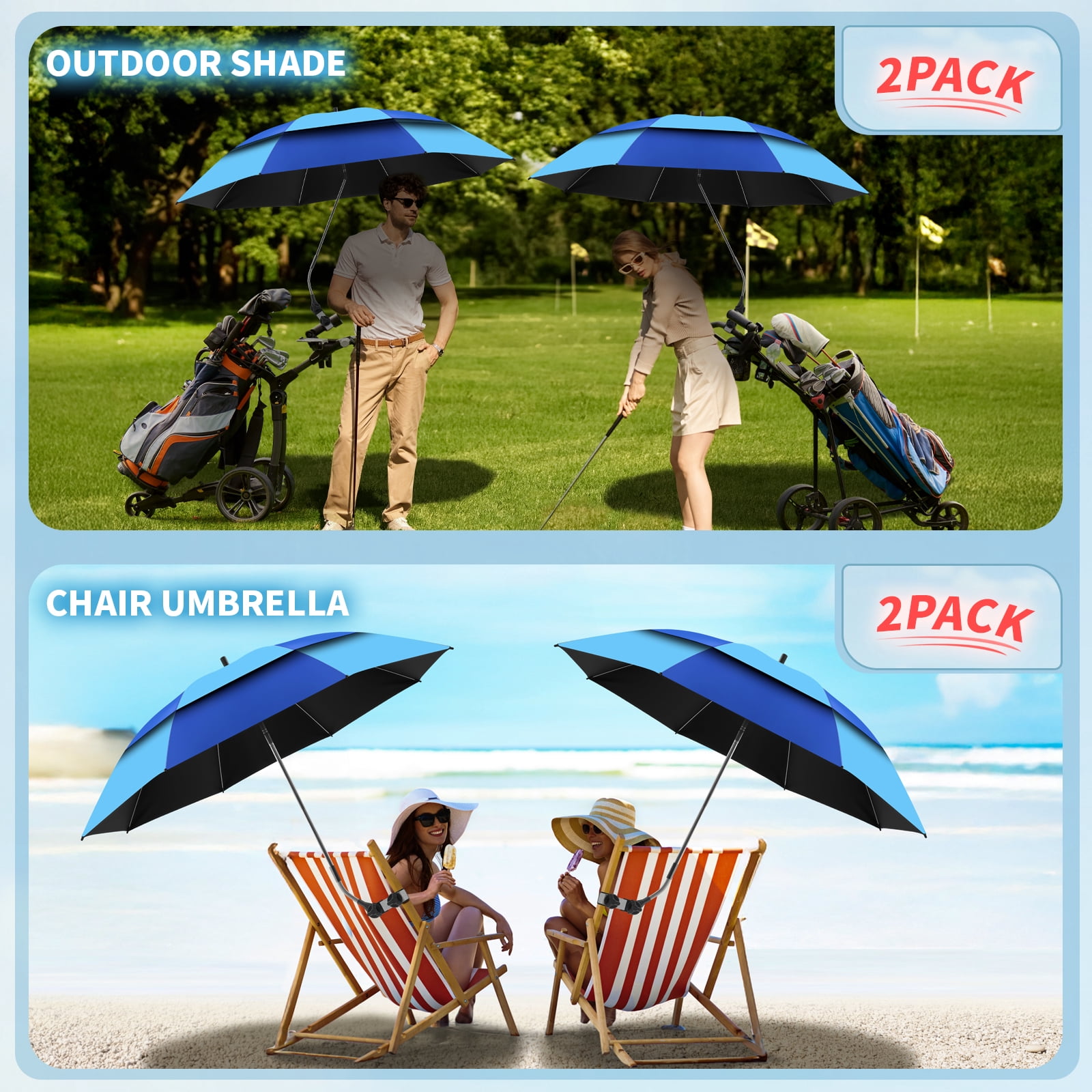 2 Pack 48.6" Double Canopy Umbrella with Clamp, UPF50+ Beach Chair Umbrella with clip, 360°Adjustable Portable Outdoor Wheelchair, Patio, Golf Carts,Camping(Blue / Light Blue, Not Include Chair)