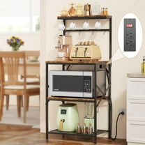Kitchen Bakers Rack with Power Outlet, Small Coffee Bar Cart 4 Tiers, Microwave Stand Station with 8 S Hooks, Adjustable Shelf, Freestanding Kitchen Appliance Organizer, Rustic Brown