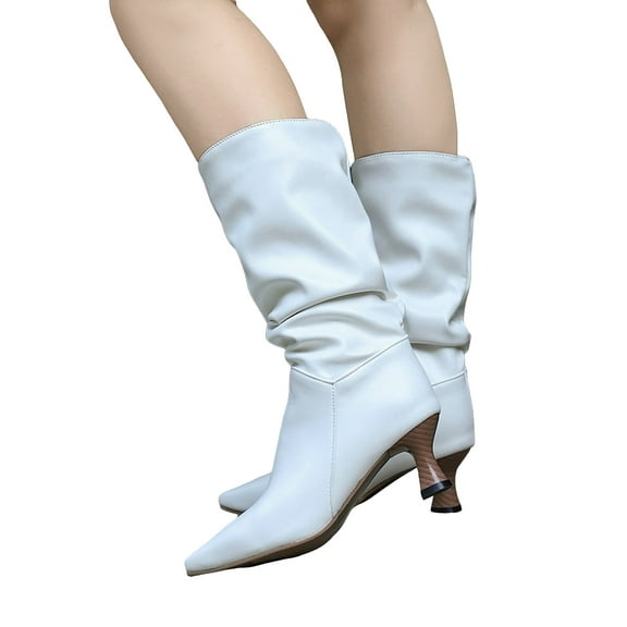 Slouchy Boots for Women Pointed Toe Kitten Heels Wide Calf Pull on Fashion Fall Winter Dress Mid Calf Booties