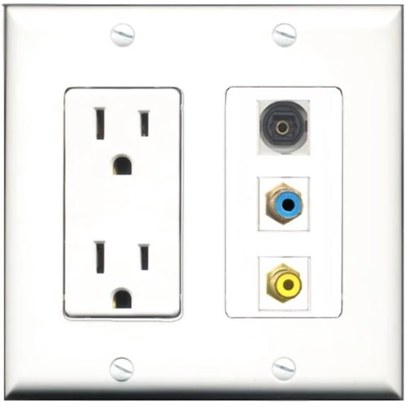 RiteAV - 15 Amp Power Outlet 1 Port RCA Yellow 1 Port RCA Blue 1 Port Toslink Decorative Wall Plate