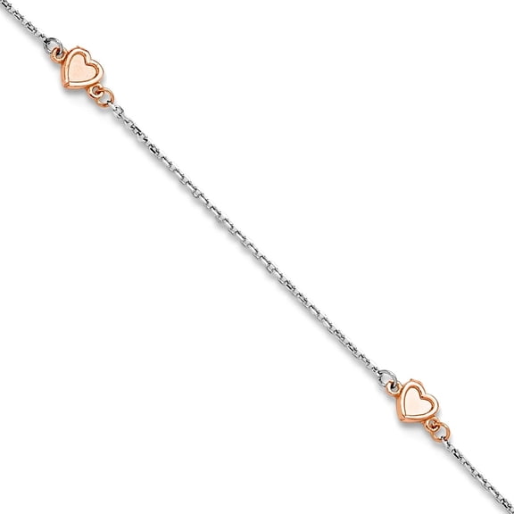 14k Solid Gold Two-tone White and Rose Satin Love Hearts 9in Plus 1in Extension Anklet 4mm Wide 9 Inch Anklet for Women