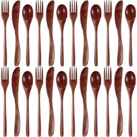 24 Pcs Wooden Utensils for Eating Wooden Spoon Fork Knife Cutlery Set Kitchen Wood Dinner Flatware Tableware Set Includes Spoon, Fork, Knife