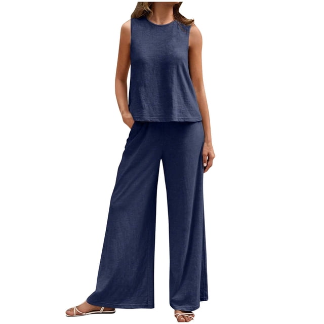 Timegard Ensembles 2 Pcs pour Femmes Débardeur Col Rond Pantalon Grand Taille Haute Tenues Décontractées Confortables