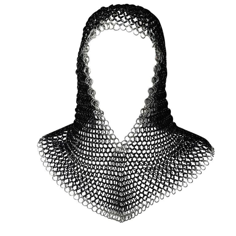Mythrojan Chainmail Coif Medieval Knight Renaissance Armor Chain Mail Hood Viking LARP 16 Gauge, Men's, Size: Large, Black