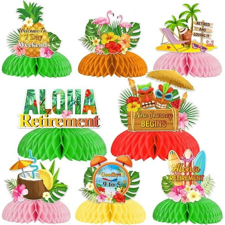 Aloha Retirement Party Decorations - 8pcs Tropical Honeycomb Centerpieces, Beach Themed Retirement Party Decorations, Flamingo Tropical Hawaiian Luau Happy Retirement Farewell Party Supplies