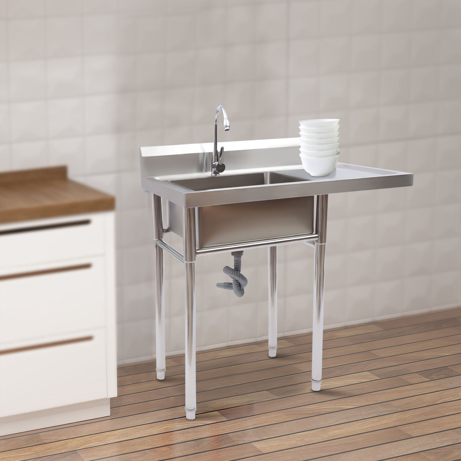 Stainless Steel Sink, 39.3 x 23.6 x 36.7 Inch Single Bowl Kitchen Sink, 4 Inch Backsplash Splash Guard, for Home Kitchen or Commercial Use