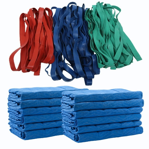 (12 Pack) 72" x 80" Economy Moving Blankets And (36 Pack) Variety Moving Rubber Bands 30", 36" and 42" Fully Stretch For Moving Packing Storage Cargo, Boxes Furniture