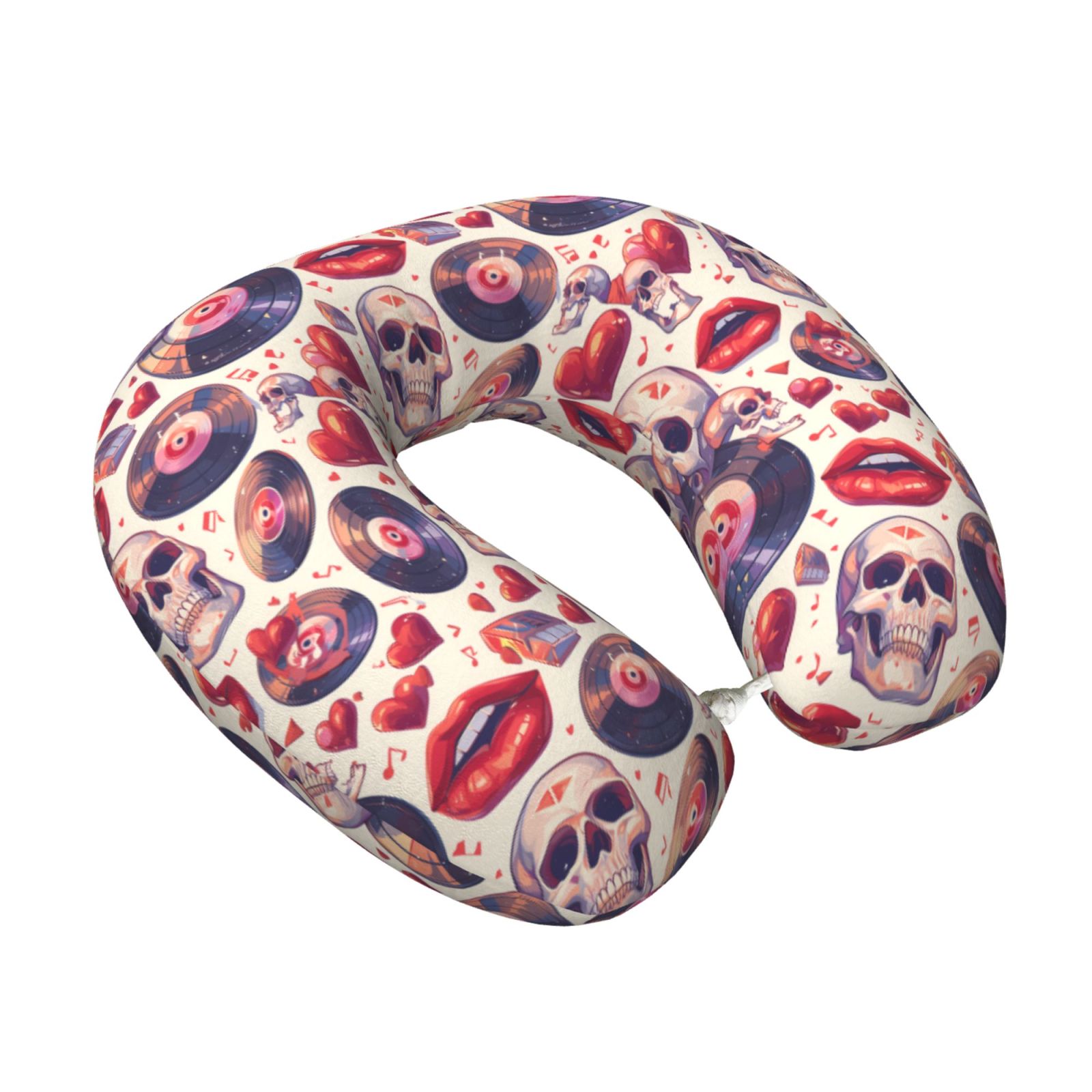 Xecao record rock Skull lips Print Memory Foam Cervical Neck Pillow Versatile U-Shaped Pillows for Home,Office,Camping,Travelling,Soft Washable Cover