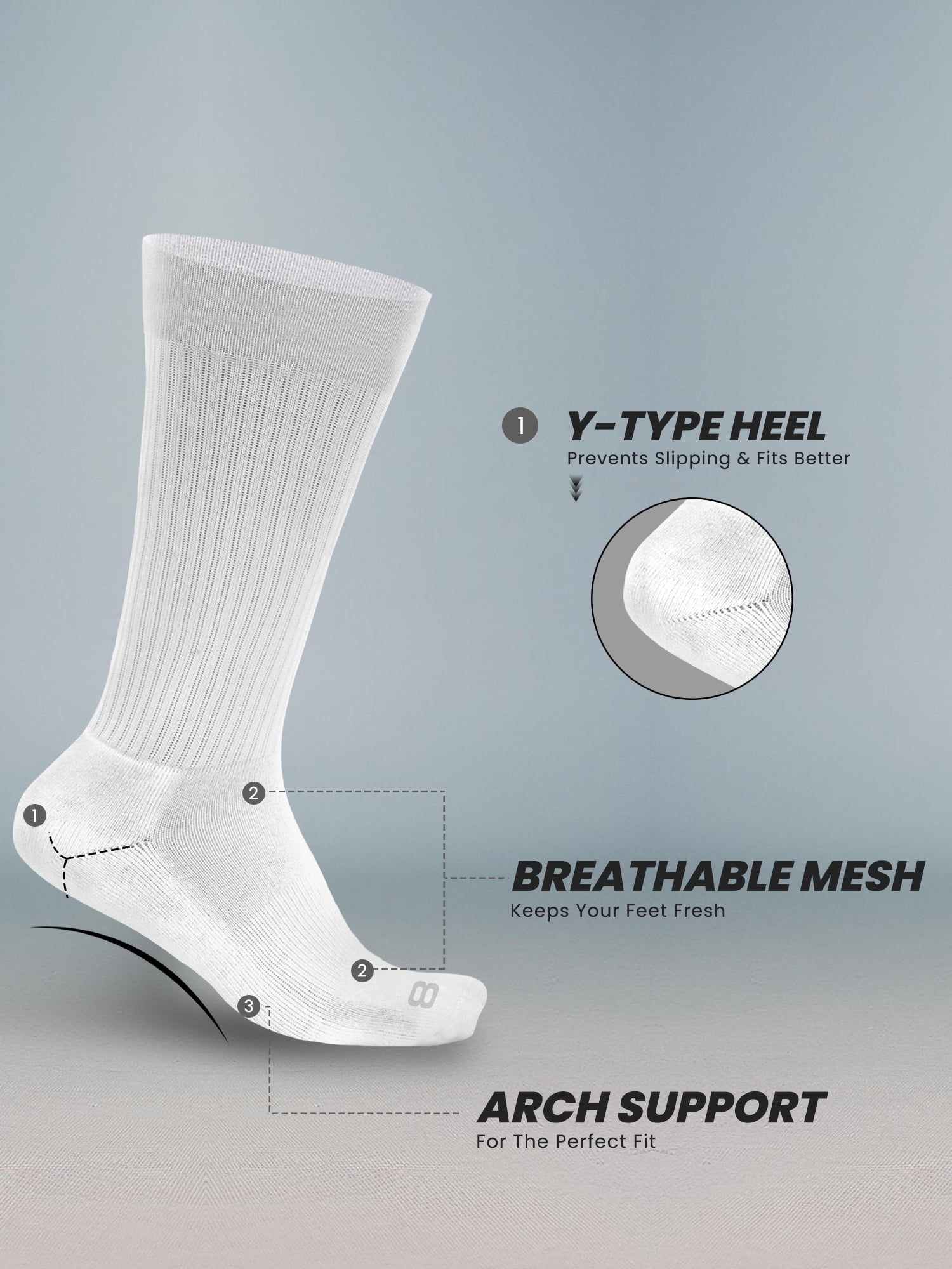 Layer 8 Cushioned Crew Socks for Men Breathable Athletic Socks with Moisture-Wicking Quick Dry Fiber, 12 Pairs, White
