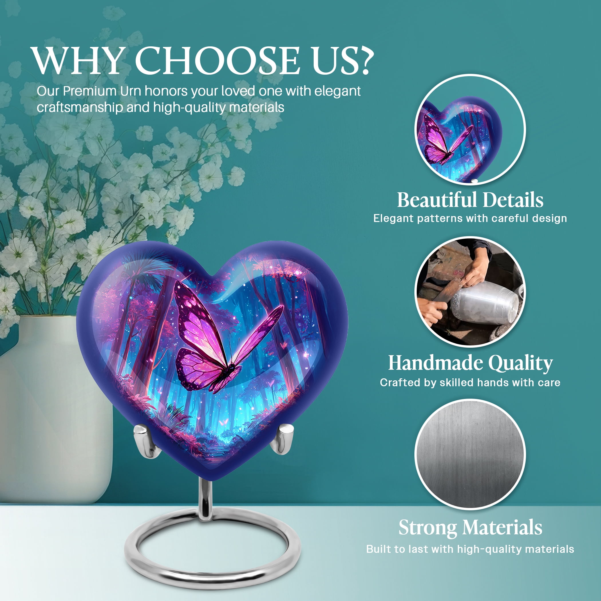 SABURIAL Butterfly Urns - Beautiful Handcrafted Heart Shape Burial Urn for Human Ash - Memorial Cremation Urns for Men & Women - Tribute Keepsake Urn - 8 Inch - Large with Velvet Bag