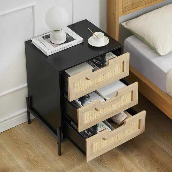 Black Rattan Nightstand, Black Nightstand with 3 Natural Rattan Drawers, Boho Mid Century Modern Bedside Table, Stylish End Table, and Functional Side Table Cabinet with Storage Drawers for Bedroom