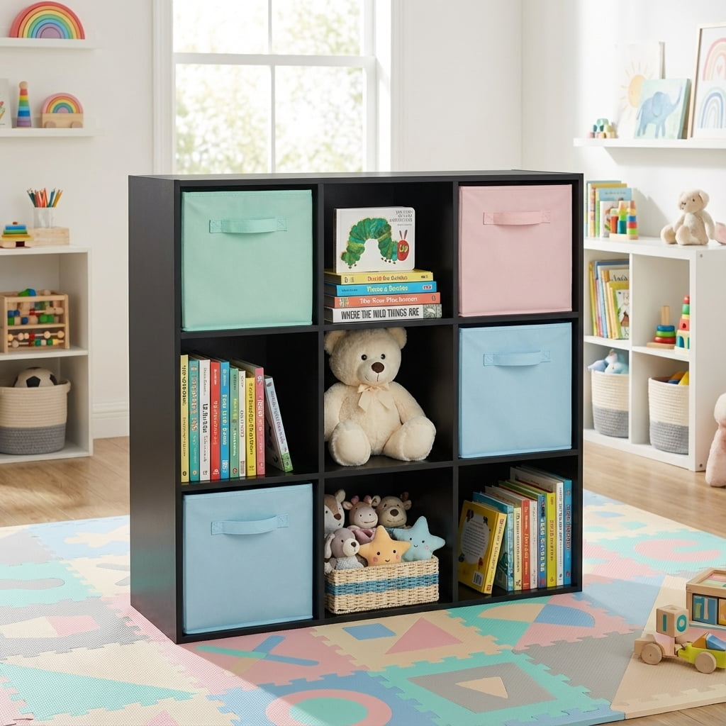 TrumanPick 9 Cube Storage Organizer, Stackable Cube Bookshelf, Wood Cubes Shelf Open Storage Shelf for Toy &Clothes Book Organization, Blakck