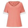 thumbnail image 7 of New Summer Arrivals Olyvenn Criss Cross V Neck Tops for Women Lace Patchwork Short Sleeve Shirt Solid Color T Shirts Plus Size Loose Fit Blouse Pink S, 7 of 7