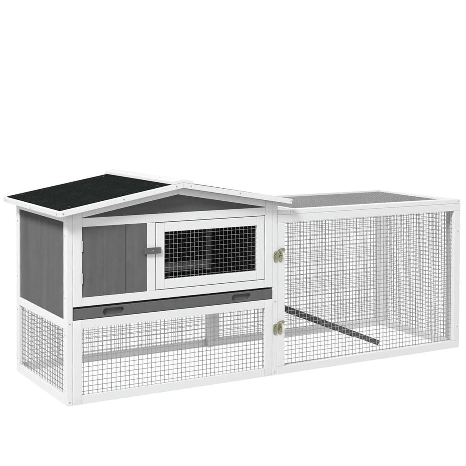 Kadyn 61" 2-Story Wooden Rabbit Hutch with Slide-out Tray, Outdoor Small Animal Habitat Enclosure Bunny Cage for Bunnies, Guinea Pigs, Gray