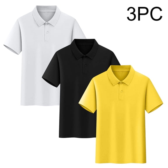 Scyoekwg 3 Pack Boys Tee Shirts Fashion Short Sleeve Solid Color Button Lapel Shirt Casual School Uniform Shirts (Yellow,14 Years)