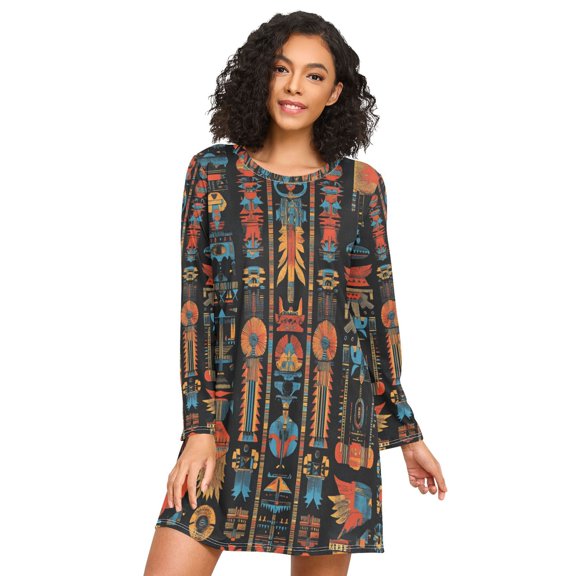 FORMRS Womens Long Sleeve Nightgowns Crew Neck Sleep Shirt Soft Pajamas Sizes S-3XL, Black Geometric