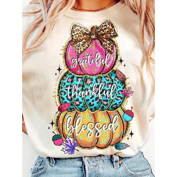 Women Fall Thanksgiving T‑Shirt, Grateful Thankful Blessed Leopard Stacked Pumpkin Print Casual Short Sleeve Tee