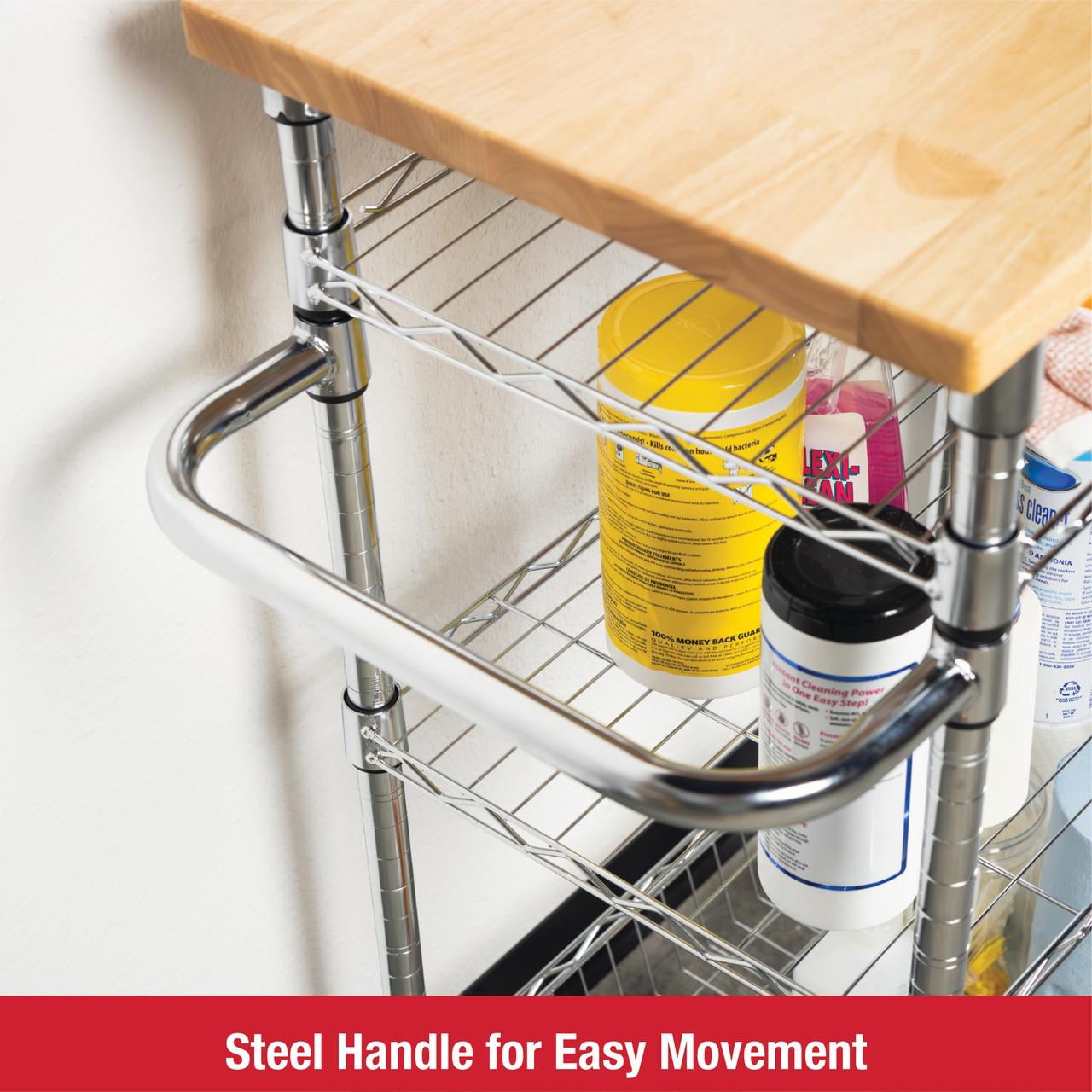 Rubbermaid 3-Tier Chrome Rolling Cart with Removable Wood Top, 300lb Capacity