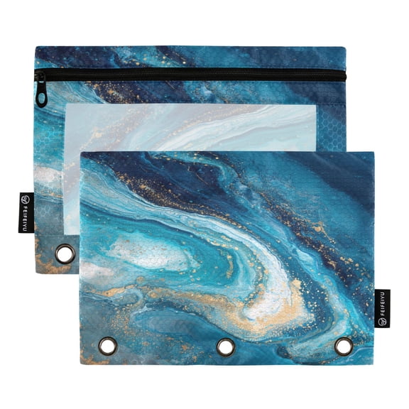 2 Pack 3 Ring Binder Pouch with Clear PVC Window Water Resistant Zipper Pencil Pouch Aqua Gilded Waves Binder Pocket for Classroom Office Home Stationery Organization