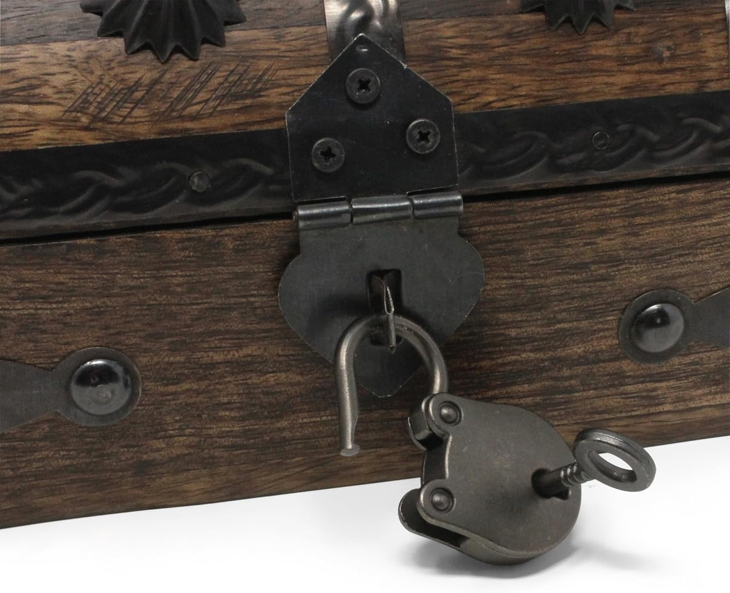 Nautical Cove Wooden Treasure Chest Keepsake Box with Antique Lock and Key – Rustic Pirate Jewelry Storage Box, Decorative Wood Chest with Hinged Lid, Small 5 x 3 x 3.25 Inch