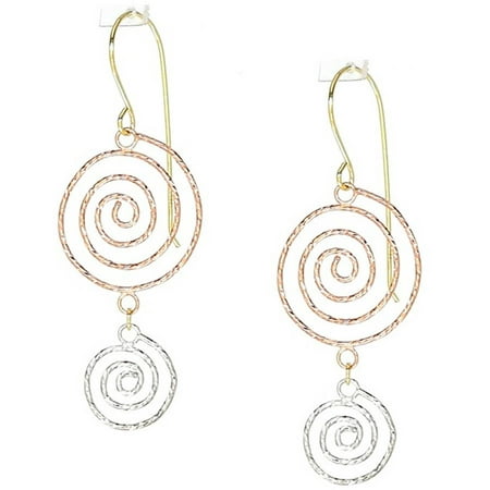 American Designs 14kt Yellow, Rose and White Gold Tri-Color Diamond-Cut Swirly Coil Round Hoop Dangle and Drop Earrings, French Wire