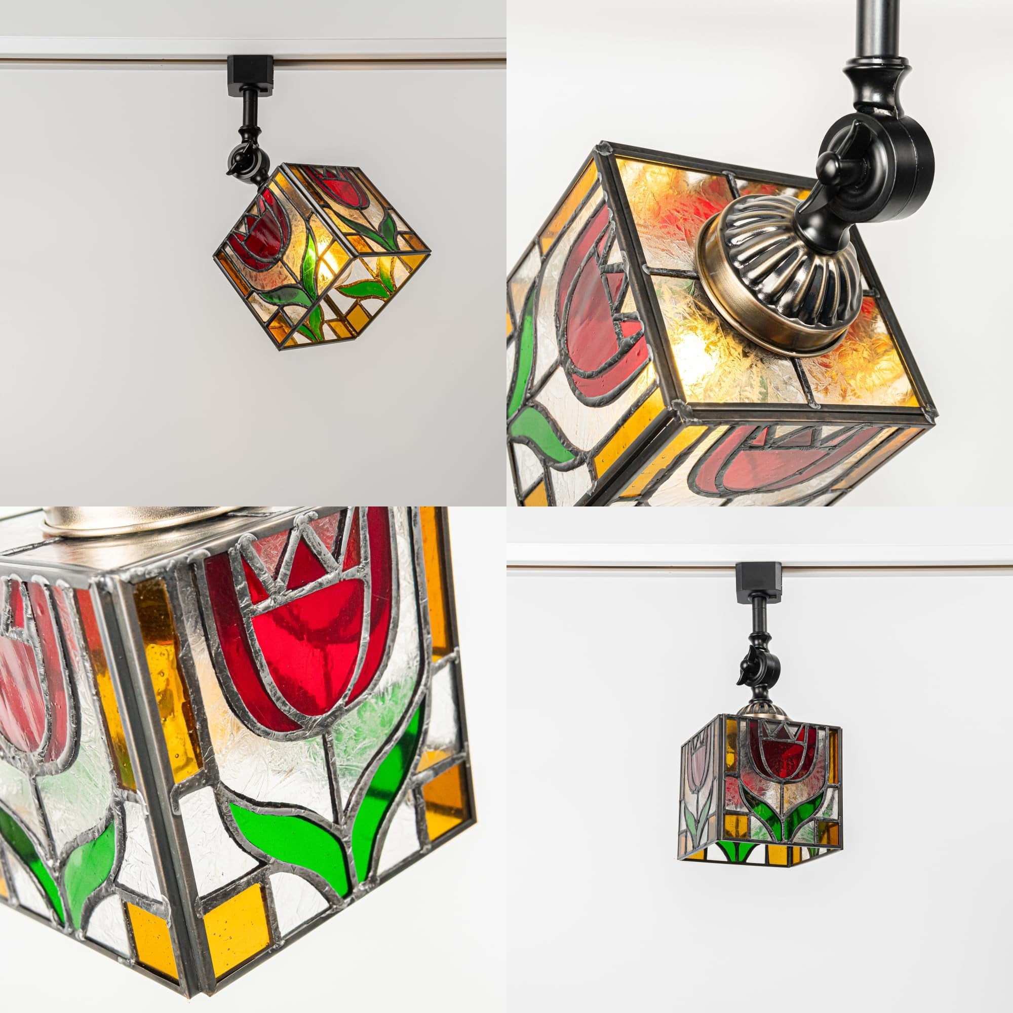 KAYYELAMP Track Mount Ceiling Light J-Type Adjustable Angle Tiffany-Style Rose Pattern Square Shade E26 Vintage Track Head Lighting for Loft Wall Painting Hallway(No Bulb, Track)