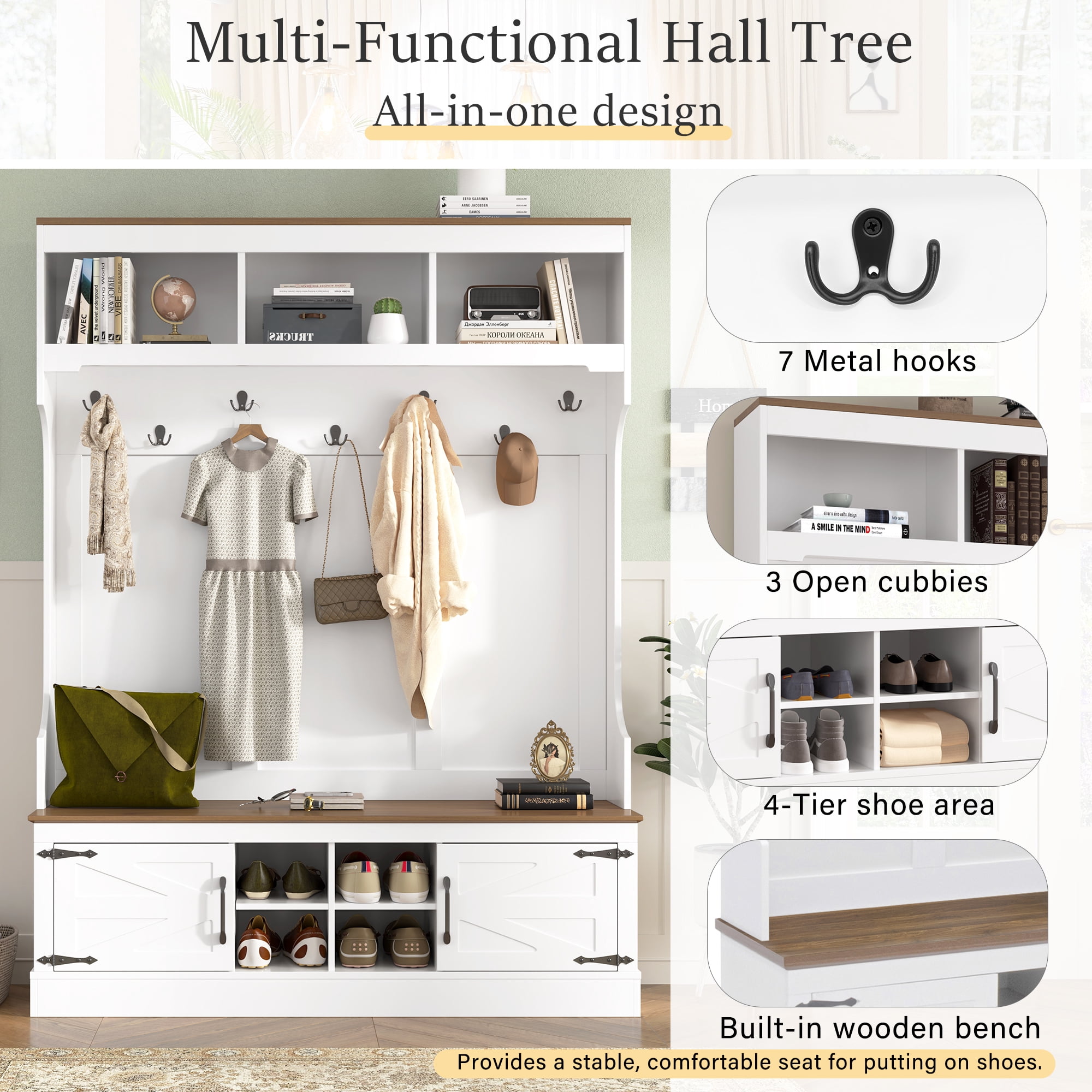 HOQBN 71"H Farmhouse Hall Tree with Bench & Shoe Storage, 5-in-1 Modern Entryway Storage Organizer Cabinet with Coat Rack, 4 Shoe Cubbies & 7 Hooks, White
