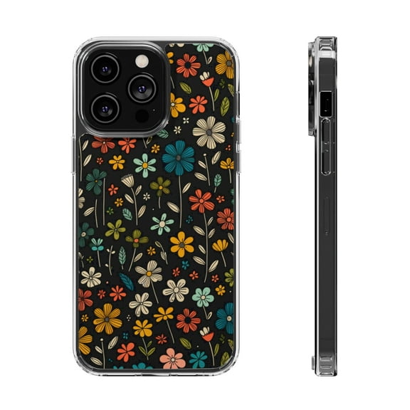 DistinctInk Hybrid (Acrylic / TPU) Clear Slim Fit Case for Apple iPhone 13 Pro (6.1" Screen) - "Minimalistic Cartoon Scatter: Vibrant Spring Blossoms"