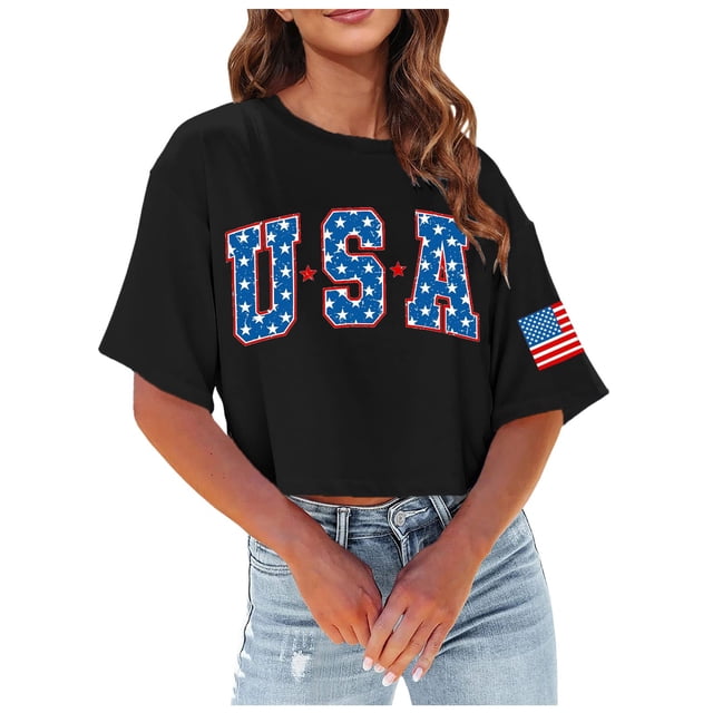 TSADFHJI Hauts de Sortie pour Femmes Aguichant Crop Tops Décontractés Mode Imprimé Col Rond Manches Courtes Chandail T-Shirt L Noir