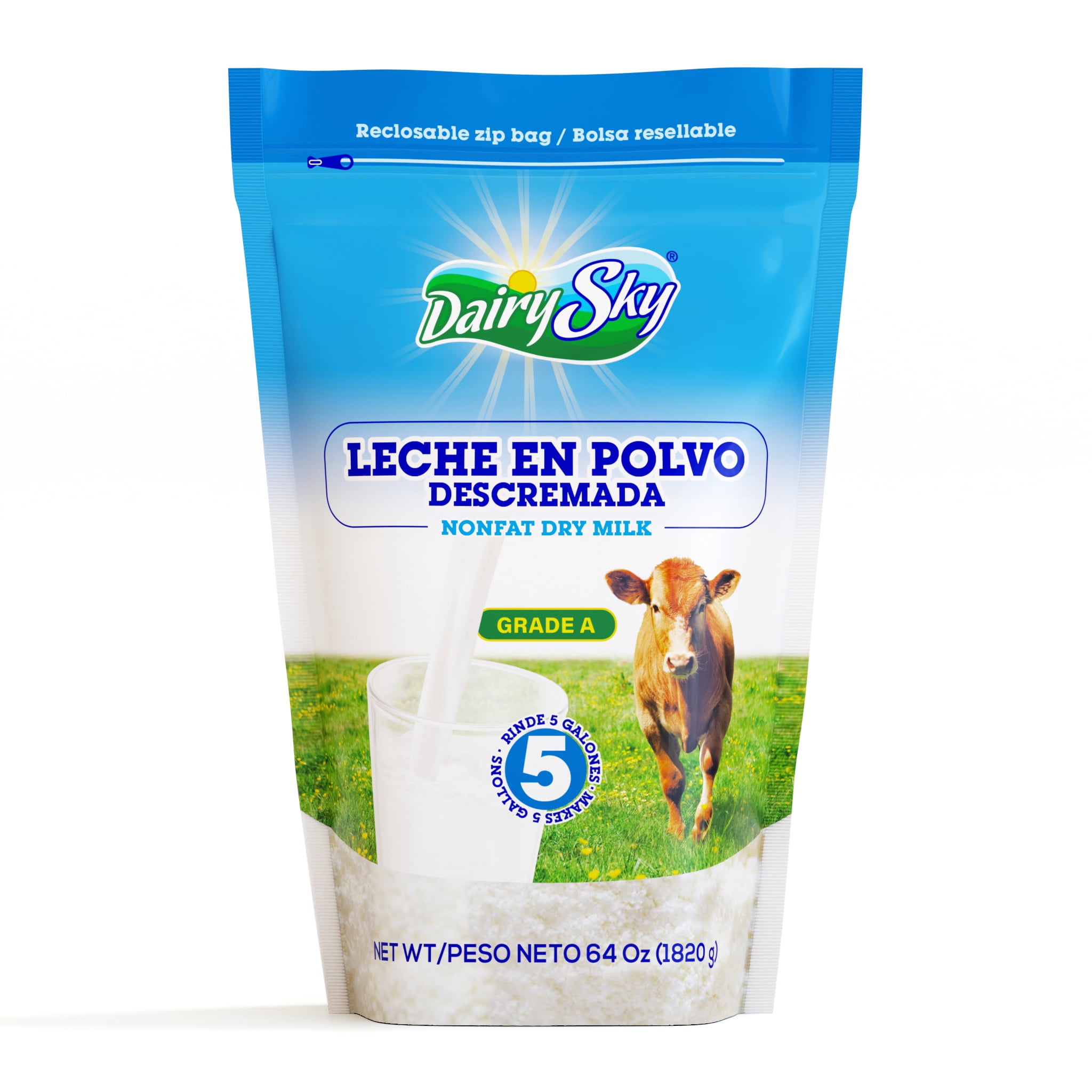 DairySky Nonfat Plain Dry Milk Powder, 64 oz, Leche En Polvo Descremada, Grade a Skim Milk,Resealable Pouch, pack of 8