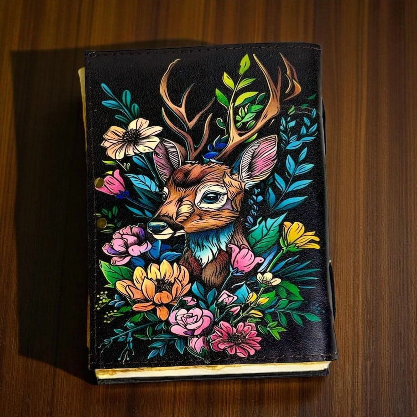 Handmade Leather Journal with Colorful Deer & Floral Artwork – 5x7 Inch Notebook, 200 Handmade Deckle Pages, Vintage Clasp, Artistic Writing Diary