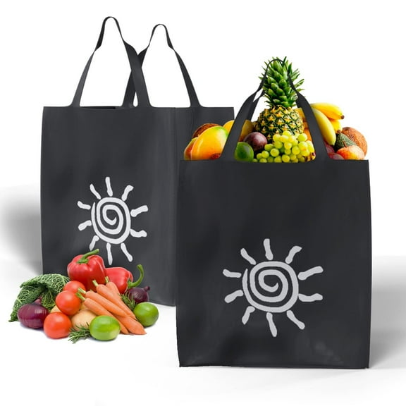 Pack of 100 Non-Woven Polypropylene Bags 20 x 6 x 16. Black Shopping Polypropylene Bags 20x6x16. Reusable Bags with Sun Print. Great for Industrial, Foodservice, Health Needs. Recyclable.