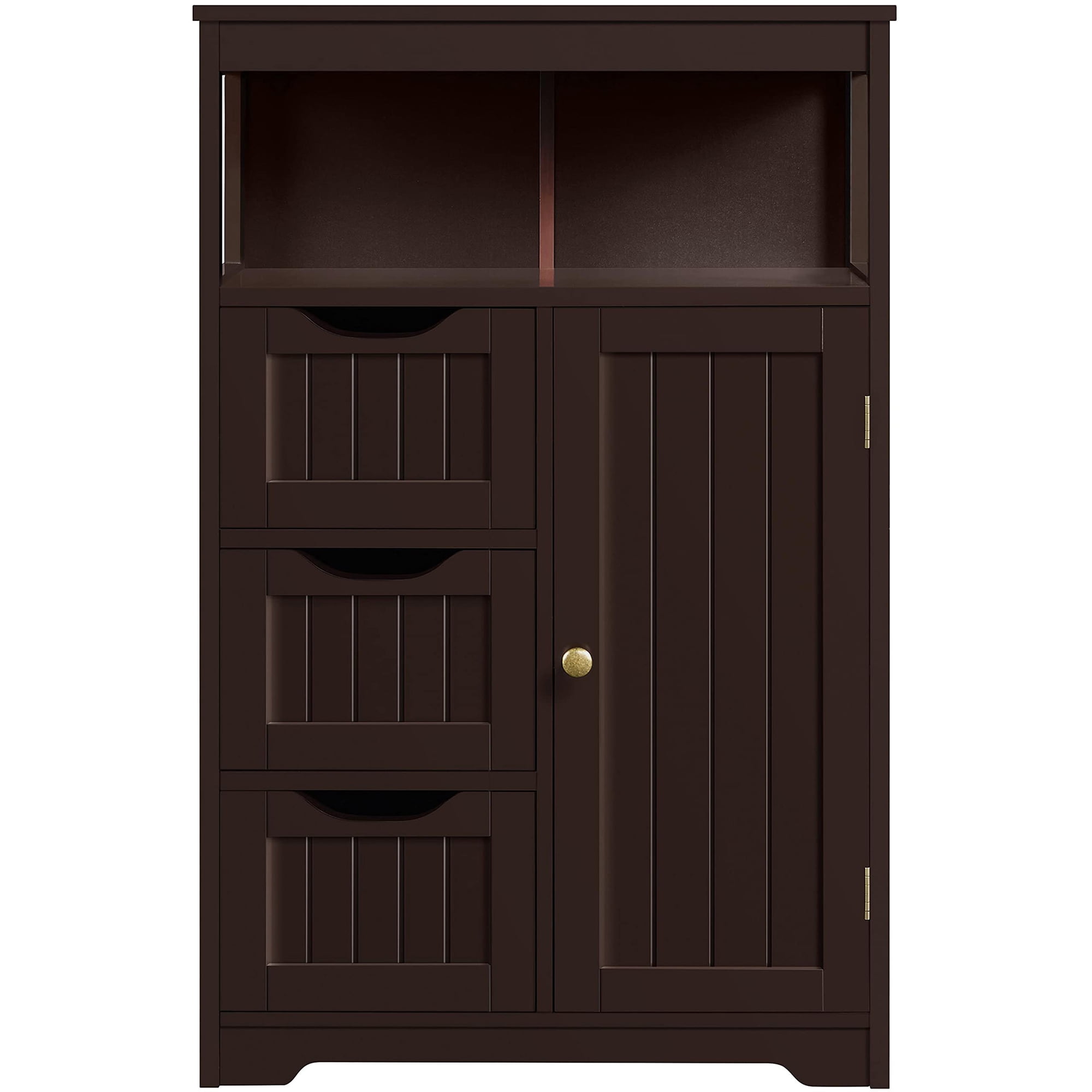 Wood Bathroom Floor Cabinet Free Standing Storage Unit with 3 Drawers and Cupboard Adjustable Shelf for Hallway Entryway Living Room Accent Furniture Brown