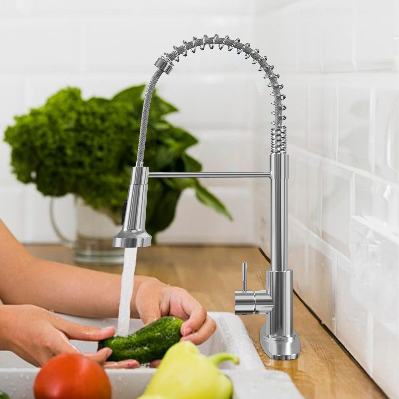 IUSU 20in Kitchen Faucet with Pull Down Sprayer, Brushed Nickel Commercial Spring Kitchen Sink Faucet Single Handle Pull Out Sink Faucets with Deck Plate Suit to 1 or 3 Holes Silver
