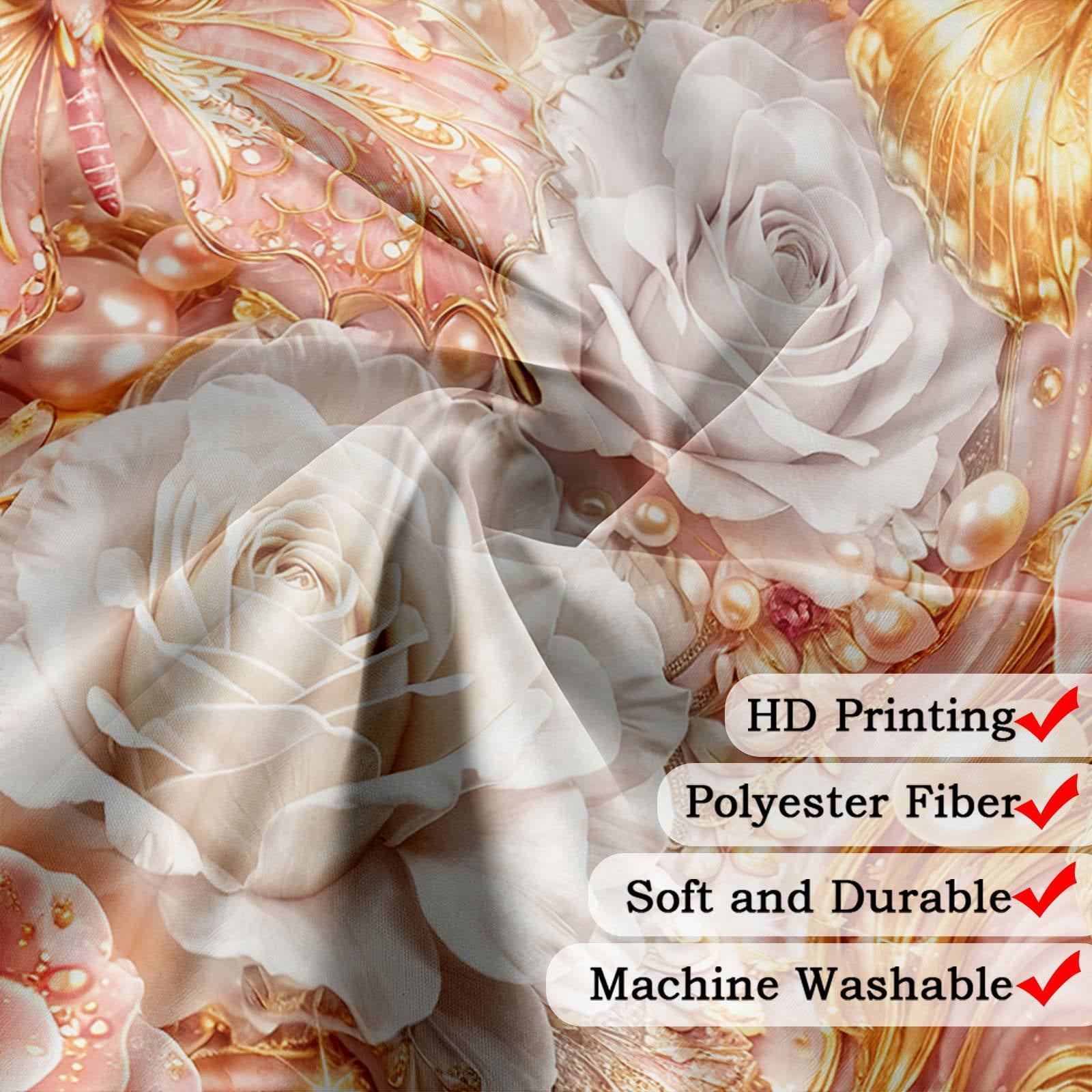 Luxury Pink and Gold Butterfly Floral Shower Curtain, Elegant Marble Rose Modern Texture Shower Curtains for Bathroom Decor, Elegant Golden Fluid Aesthetic Bath Curtain Set with Hooks, 60X70IN