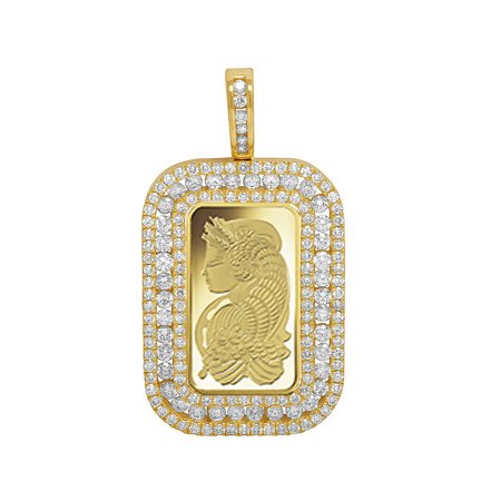 24K Yellow Gold Lady Fortuna 10 Grams Bar Diamond Pendant 3.25 Ct