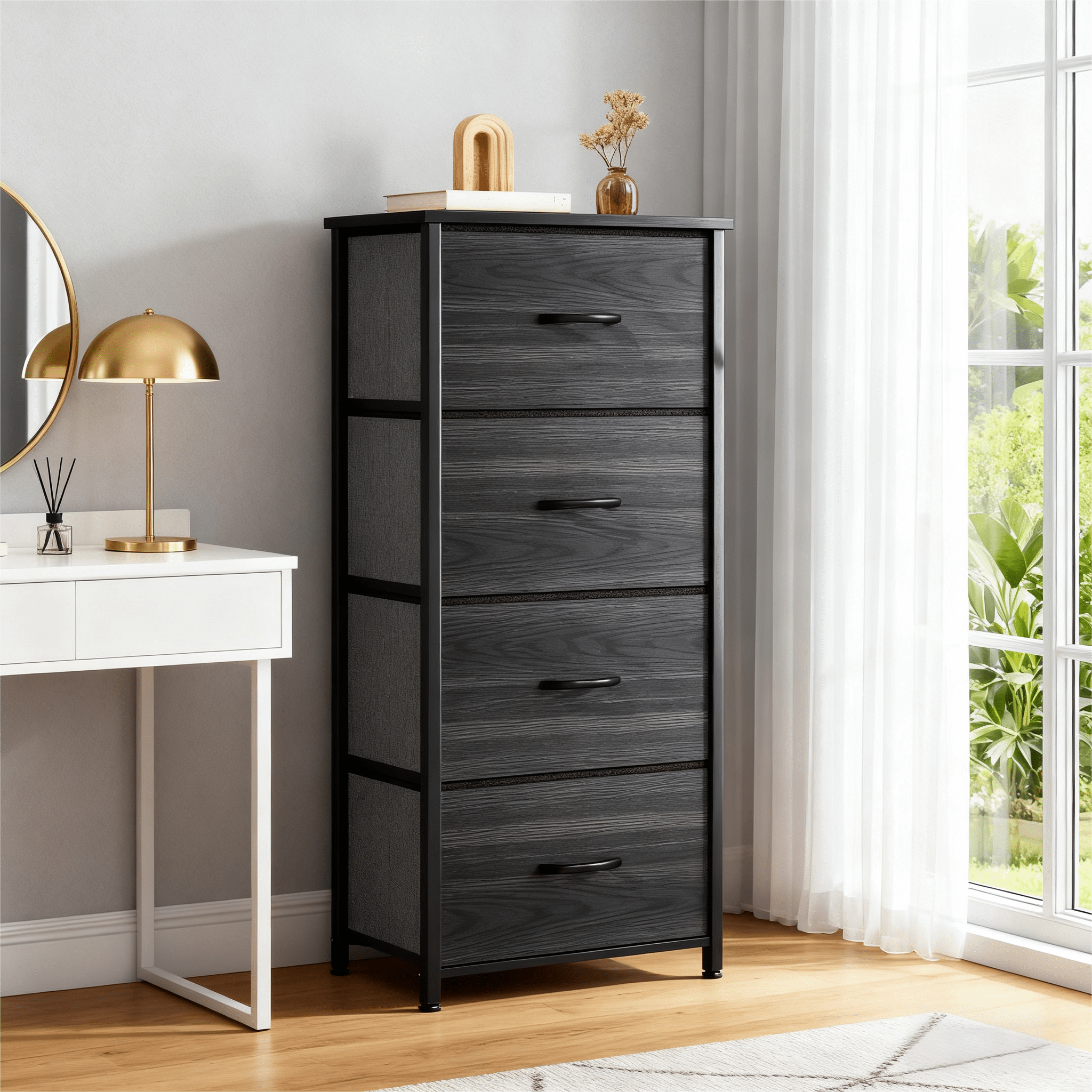 CONCETTA 4 Drawer Dresser, Wide Chest Drawers Nightstand Storage Tower Storage Fabric Dresser With Wood Top for Living Room, Bedroom, Closet, Black Wood