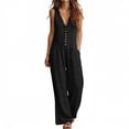 thumbnail image 2 of Tqyyweavej Women's Casual Overalls Sleeveless Button Down Deep V Neck Rompers Pleated Straight Leg Jumpsuits with Pockets, Linen Pants Women, 2 of 8