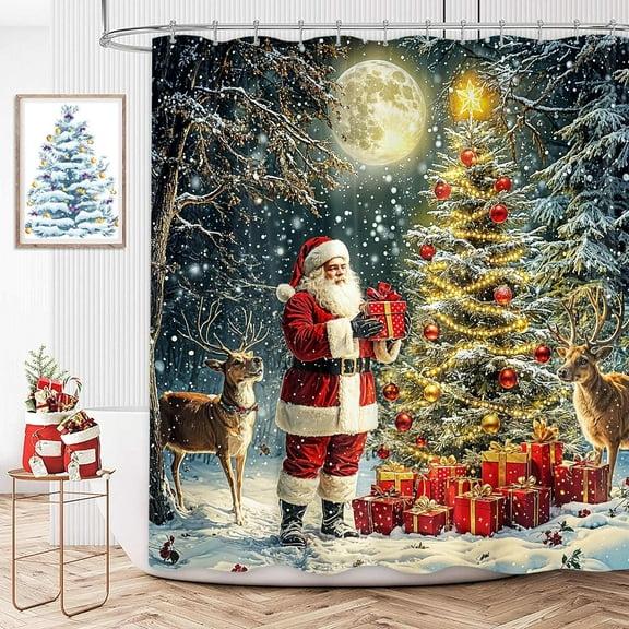 Christmas Santa Shower Curtain, Winter Scene Santa Claus Reindeer Tree Holiday Gift Red Shower Curtains, Funny Christmas Deer Bathroom Curtain Boys Girls Bathroom Decor Curtains with Hooks, 72X72inch