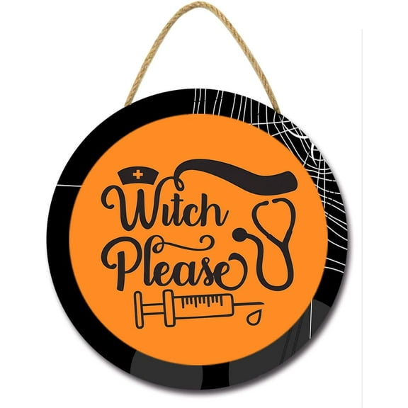 Eveokoki 12" Witch Please Halloween Sign for Front Door Round Wooden Hanging Wreaths for Home Wall Decor Halloween Day Party Decoration Outdoor Indoor
