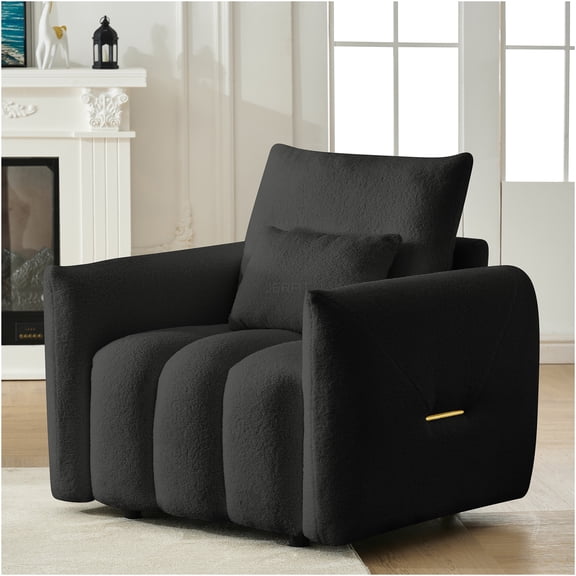 JERFIT Modern Teddy Fabric Accent Chair with Pillow, Plush Lounge Chair for Living Room, Bedroom, Office, Black