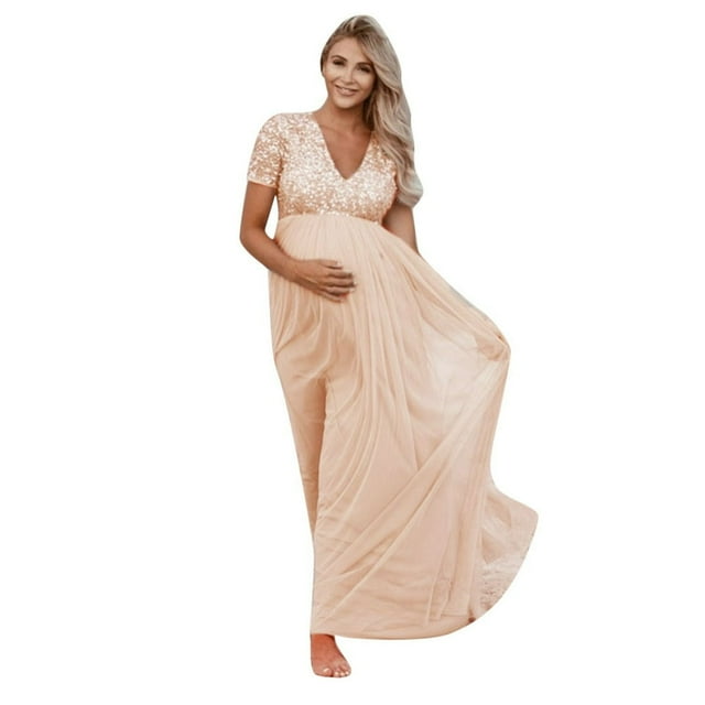 Femmes Enceintes Accessoires de Photographie de Maternité Robe Unie à Manches Courtes à Paillettes