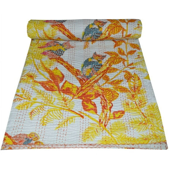 Indian Handmade Floral Print Kantha Quilt, Kantha Blanket, Bed Cover, King Kantha bedspread, Bohemian Bedding Kantha 90 X 108 Inch Approx