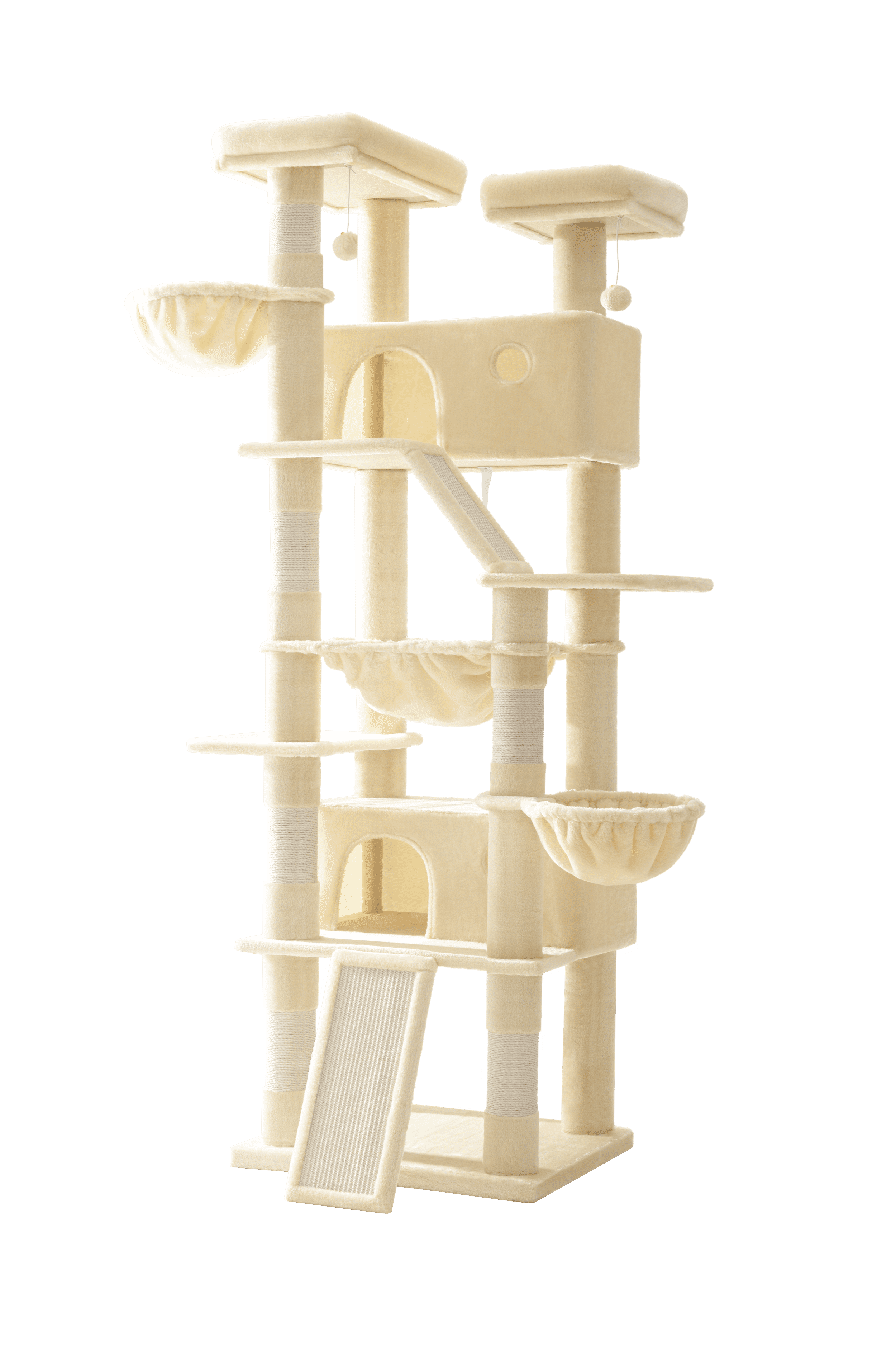 Amolife 81" Large Cat Tree Tower for Large Cats with Cat Condo Hammock, 2 Scratching Ramps, 6 Scratching Posts, Beige